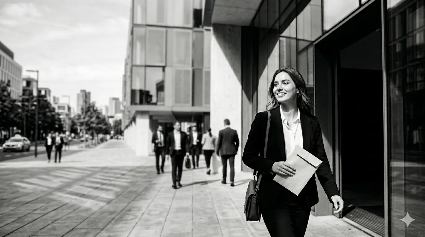 LatAm professional walking out of a modern glass office on her way to work